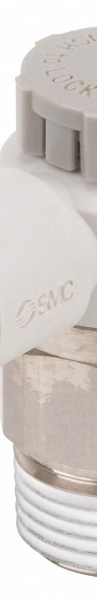 SMC Speed Control Valve: Elbow Fitting, Knob, 1/4 in/1/8 in Valve Body Size, 4 mm Tube, Meter Out (MPN AS2201F-02-04SA). Key specifications — attr947203: Brass/PBT; attr947205: SMC.