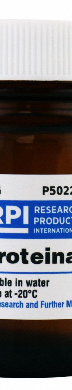 RPI Proteinase K: 1 g Volume, BSE/TSE Free, Powder, Glass (MPN P50220-1.0). Key specifications — Form: Powder; Special Information: BSE/TSE Free; Brand: RPI; Chemical Grade: Lab; Container Material: Glass.