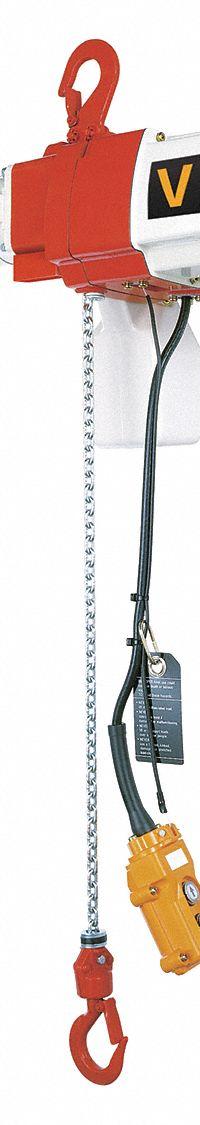 HARRINGTON Electric Chain Hoist: H2 - Light Duty, 120V AC, Hook Mounted - No Trolley (MPN ED250V-10). Key specifications — Brand: HARRINGTON; Includes: Safety Latch Hook; Operating Voltage: 120V AC; Headroom Clearance: 28 in - 30 in.