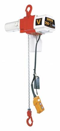 HARRINGTON Electric Chain Hoist: H2 - Light Duty, 120V AC, Hook Mounted - No Trolley (MPN ED250V-10). Key specifications — Brand: HARRINGTON; Includes: Safety Latch Hook; Operating Voltage: 120V AC; Headroom Clearance: 28 in - 30 in.