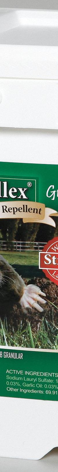 REPELLEX Mole/Gopher Repellent: Targets Moles/Rodents/Voles, Granules Form, 24 lb Container Size (MPN 10545). Key specifications — Brand: REPELLEX; Targeted Animals: Moles; Form: Granules.