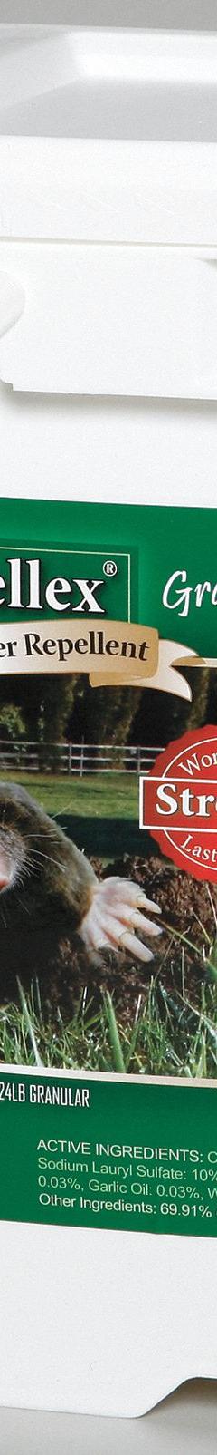 REPELLEX Mole/Gopher Repellent: Targets Moles/Rodents/Voles, Granules Form, 24 lb Container Size (MPN 10545). Key specifications — Brand: REPELLEX; Targeted Animals: Moles; Form: Granules.