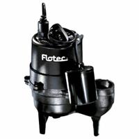 FLOTEC Sewage Ejector Pump: Cast Iron, Single Phase, 1/2 hp, 115V AC, 90 gpm Flow Rate @ 10' of Head (MPN FPSE3601A). Key specifications — Impeller Material: Thermoplastic; Rated Voltage: 115V AC; Hazardous Location Class: Not Rated; Brand: FLOTEC; Discharge Orientation: Vertical; Switch: Piggyback Tether Float.