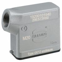 HARTING M20 Rectangular Connector Hood: Size 10 A, Side, Single-Entry, M20 Cable Entry, IP65, Gray (MPN 19200101540). Key specifications — IP Rating: IP65; Size Designation: 10 A; Cable Entry Thread Size: M20; Seal Material: NBR; Locking Type: Single Lever; Brand: HARTING; Primary Material: Aluminum; Operating Temperature Range: -40 to 125 Degrees C.