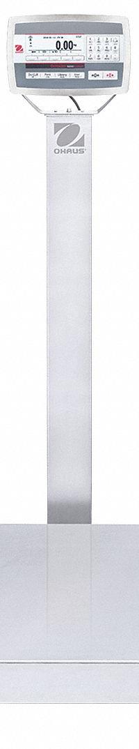 OHAUS Industrial Bench Scale: 24 in x 24 in, IP67, Column-Mounted, Defender 5000, Stainless Steel (MPN 30461687). Key specifications — Connection Ports: 2 In/4 Out Discrete I/O; Readability: 0.02 lb/10 g; Brand: OHAUS; Weighing Surface Material: Stainless Steel.