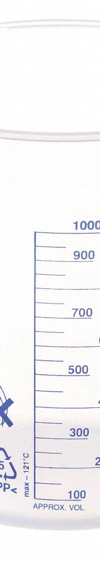APPROVED VENDOR Beaker: Low Form, Polypropylene, 1,000 mL, 140.3 mm Outside Dia, 150 mm Overall Ht (MPN 6FAE7). Key specifications — Body Color: White; Brand: APPROVED VENDOR; Product Type: Beaker; Includes Graduations: Yes; Beaker Type: Low Form.