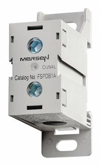 MERSEN Power Distribution Block: Finger-Safe, Lug, Lug, 14 AWG – 2/0 AWG For Line Side Wire Sizes (MPN FSPDB1A). Key specifications — Mounting Type: DIN-Rail; Brand: MERSEN; For Conductor Material: Aluminum.