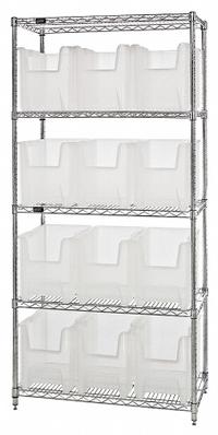 QUANTUM STORAGE SYSTEMS Bin Shelving: 36 in x 18 in x 74 in, 1 Sided, 12 Bins, Open, Clear (MPN WR5-600CL). Key specifications — Includes Bins: Yes; Bin Material: Polypropylene; Frame Color: Silver; Bin HxWxD: (12) 12-1/2 in x 10-7/8 in x 17-1/2 in; Frame Material: Steel; Bin Color: Clear; Bin Style: Hang and Stack; Brand: QUANTUM STORAGE SYSTEMS.