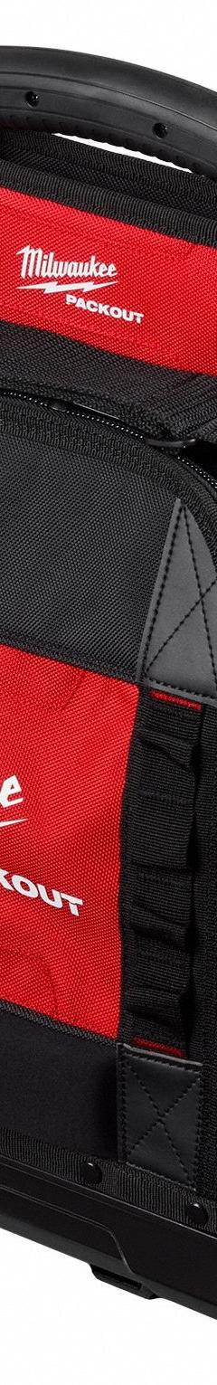 MILWAUKEE PACKOUT Tool Bag: 10 in W x 16 in D x 19 3/4 in H, Polyester, Black/Red, 57 Inside Pockets (MPN 48-22-8316). Key specifications — attr1120376: MILWAUKEE; attr1120463: Polyester; attr1120464: Red; attr1120343: Removable Shoulder Strap.