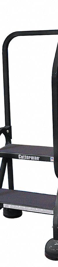 COTTERMAN Rolling Ladder: 1.5 ft Platform Ht, Partially Assembled, Steel, Wt-Actuated Auto-Lock (MPN ST-203 A2 C7 P5). Key specifications — Includes Handrails: Handrails Included; Material: Steel; Brand: COTTERMAN; Color: Black.
