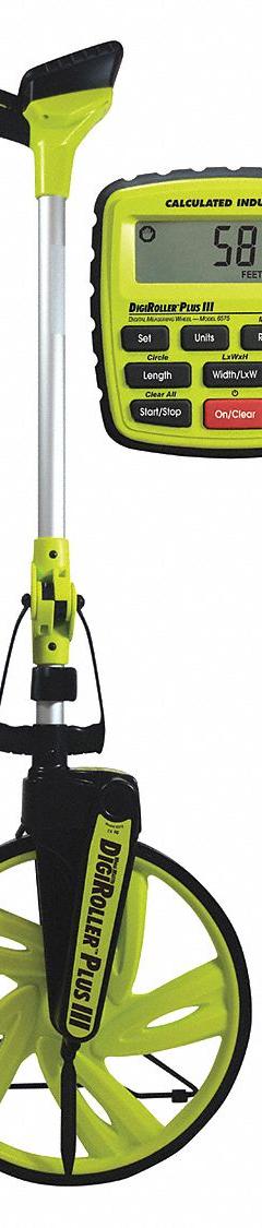 CALCULATED INDUSTRIES Measuring Wheel: 9,999,999 yd Range, Adj Handle Handle, Spoked Single Wheel (MPN 6575). Key specifications — attr939189: Digital Measuring Wheel; attr934748: 6575; attr939173: Batteries Required (Included); attr939174: 9V; attr939175: Button; attr939180: Foldable; attr939193: SAE; attr939172: General Contractors.