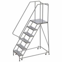 BALLYMORE Rolling Ladder: 5 ft Platform Ht, Assembled, Aluminum, Wt-Actuated, Perforated (MPN WLAR106246-D4). Key specifications — Includes Handrails: Handrails Included; Material: Aluminum; Brand: BALLYMORE; Color: Gray.