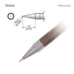 HAKKO Soldering Tip: T39 Series, Conical, 0.2 mm W, 12 mm Lg (MPN T39-BL02). Key specifications — Brand: HAKKO; Compatible Handpiece Manufacturer Model Number: FX-9701; Manufacturer Part Number: T39-BL02.