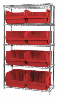 QUANTUM STORAGE SYSTEMS Bin Shelving: 42 in x 18 in x 74 in, 1 Sided, 8 Bins, Open, Stacking Bin (MPN WR5-543RD). Key specifications — Includes Bins: Yes; Bin Material: Polypropylene; Frame Color: Silver; Bin HxWxD: (8) 11-7/8 in x 18-3/8 in x 19-3/4 in; Frame Material: Steel; Bin Color: Red; Brand: QUANTUM STORAGE SYSTEMS.