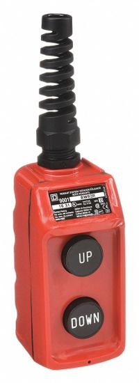SQUARE D Pendant Control Station: (2) Push Buttons, 2NO, Up/Down, NEMA 1/3/3R/4/4X, (2) Push Buttons (MPN 9001BW92R). Key specifications — AC Contact Rating: 5 A @ 600 V; Action: Momentary/Momentary; DC Contact Rating: 5 A @ 600 V; Enclosure Material: Thermoplastic; Hub Style: Dead-End; Legend: Up/Down; Operator Configuration: (2) Push Buttons; Brand: SQUARE D.