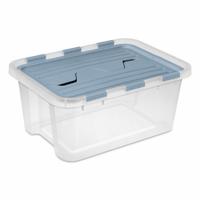 STERILITE Storage Tote: 5 gal, 18 1/4 in x 13 in x 8 in, Clear Body, Blue Lid, Stacking Capable (MPN 23926H06). Key specifications — Material: Plastic; Brand: STERILITE.