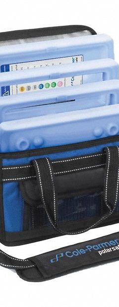 Cryogenic Storage Box: 12 1/4 in Overall Lg, 7 7/8 in Overall Wd, 5 7/8 in Overall Ht, 5 L Capacity (MPN 0372632). Key specifications — Material: Nylon; Includes: (2) 4°C Frames; Product Type: Transport Bag; Brand: COLE-PARMER.
