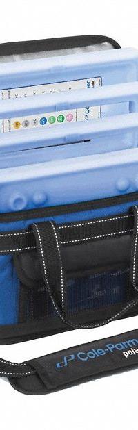 Cryogenic Storage Box: 12 1/4 in Overall Lg, 7 7/8 in Overall Wd, 5 7/8 in Overall Ht, 5 L Capacity (MPN 0372632). Key specifications — Material: Nylon; Includes: (2) 4°C Frames; Product Type: Transport Bag; Brand: COLE-PARMER.