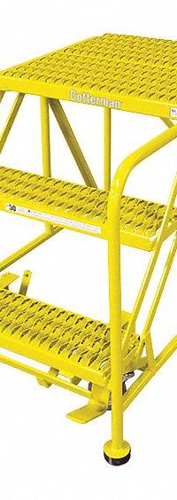 COTTERMAN Work Platform: 2.5 ft Platform Ht - Max, 24 in x 24 in, Steel, 800 lb Load Capacity (MPN 3WP2424A3B8AC2P6). Key specifications — Folding: Not Foldable; Mobility: Rolling; Components Included: Rubber Foot Pads; Use Location: Indoor; Brand: COTTERMAN; Color: Yellow; Height Adjustability: Fixed Height; Includes Handrails: Handrails Not Included.