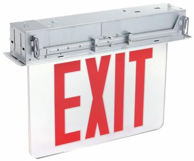 LITHONIA LIGHTING Edge-lit Exit Sign: 2 Faces, Red, Aluminum, Universal Field Selectable Chevrons - Recess-Mount Edge-Lit Exit Signs