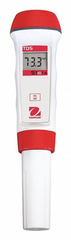 OHAUS TDS Meter: 0 mg/L – 100 mg/L, 50°F – 104°F, Digital, Auto, 1°C Temp Resolution, ±0.5 ºC (MPN ST20T-A). Key specifications — TDS Accuracy: ±1.5% FS.