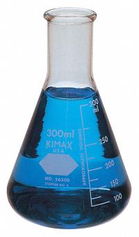 KIMBLE Erlenmeyer Flask: 25 mL, Colorless, Conical, A, 0 Compatible with Stopper Size (MPN 26500-25). Key specifications — Shape: Conical; Body Color: Colorless; Brand: KIMBLE; Compatible with Stopper Size: 0; USP Specification: Type I.