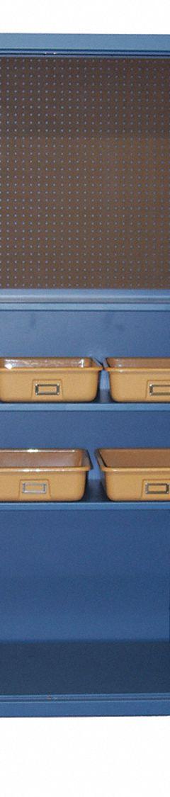 GREENE MANUFACTURING, INC. Pegboard Bin Cabinet: 48 in x 24 in 84 in, 2 Shelves, 62 Bins, Yellow (MPN GTV-4000). Key specifications — Bin Color: Yellow; Bin HxWxD: (6) 4-3/8 in x 13-3/4 in x 19 in; Assembled: Assembled; Brand: GREENE MANUFACTURING, INC.; Cabinet Color: Gray; Cabinet Finish: Baked Enamel; Cabinet Material: Steel; Cabinet Storage Components: Bins.