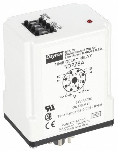Dayton Single Function Time Delay Relay: Socket Mounted, 24V AC/DC, 10 A, 8 Pins/Terminals - Socket-Mounted Relays
