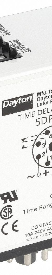 DAYTON Single Function Time Delay Relay: Socket Mounted, 24V AC/DC, 10 A, 8 Pins/Terminals, On Delay (MPN 5DPZ8). Key specifications — Brand: DAYTON.