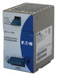 EATON DC Power Supply: DIN Rail, 480 W Output Power - Rated, 2.5 A Current - Output, Single Phase (MPN PSG480B24RM). Key specifications — attr1044898: Single; attr1044874: Aluminum; attr1044879: 35V DC; attr211400: EATON.