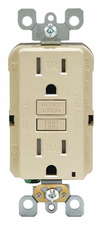 LEVITON GFI Receptacle: Decorator Duplex, 5-15, Ivory, GFCI, 125V AC, 15 A - General Purpose Receptacles