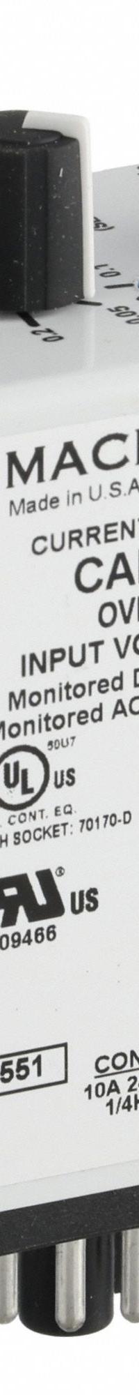MACROMATIC Current Sensor Relay: Socket Mounted, 10 A Current Rating, 120V AC, Overcurrent, Pin (MPN CAP10AD62). Key specifications — Series: CAP Series; Electrical Connection: Terminal Strip; Monitored Parameters: Overcurrent; Mounting Style: Plug-In; Status Indicator: LED Indicator; Trip Point: 0.1 to 10 A; Trip Point Type: Adjustable; Brand: MACROMATIC.