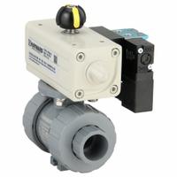 HAYWARD FLOW CONTROL Pneumatically Actuated Two-Way Ball Valve: 3/4 in, CPVC, Air to Air (MPN PSDTBH207STEA8). Key specifications — Brand: HAYWARD FLOW CONTROL; Connection Gender - Side 1: Female; Actuator Features: Position Indicator; Actuator Operation: Air to Air; Actuator Series: PSD; Connection Gender - Side 2: Female; Connection Type - Side 1: True-Union Socket/True-Union NPT; Connection Type - Side 2: True-Union Socket/True-Union NPT.