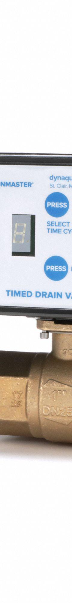 DYNAQUIP CONTROLS Timed Electric Auto Drain Valve: 1 1/4 in Pipe, 1 1/4 in Drain, 115 V, 7 sec (MPN AD2A 1-1/4). Key specifications — attr294755: DYNAQUIP CONTROLS; attr292031: 7 sec; attr292034: 1-1/4 in.