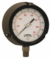 WINTERS Process Pressure Gauge: 0 psi to 100 psi, White, 4 1/2 in Dial, 1/2 in NPT Male, Bottom, PPC (MPN PPC5064-SG45). Key specifications — Brand: WINTERS; Pointer Color: Black; Accuracy: ±0.5%; Dial Color: White; Gauge Wetted Parts: Stainless Steel; Case Material: Phenolic; Vibration Resistance Properties: Field-Fillable; Pressure Range: 0 psi to 100 psi.