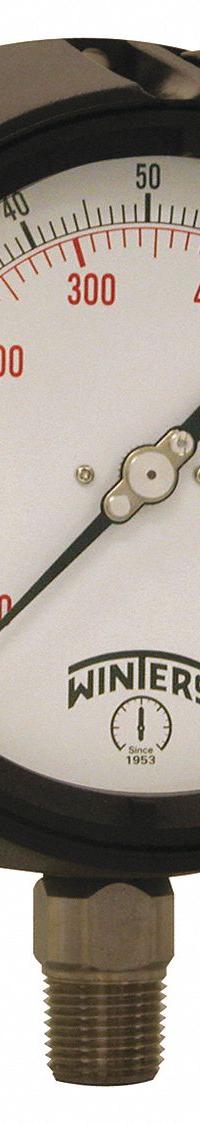 WINTERS Process Pressure Gauge: 0 psi to 100 psi, White, 4 1/2 in Dial, 1/2 in NPT Male, Bottom, PPC (MPN PPC5064-SG45). Key specifications — Brand: WINTERS; Pointer Color: Black; Accuracy: ±0.5%; Dial Color: White; Gauge Wetted Parts: Stainless Steel; Case Material: Phenolic; Vibration Resistance Properties: Field-Fillable; Pressure Range: 0 psi to 100 psi.