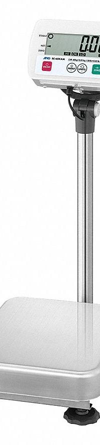 A&D WEIGHING Washdown Platform Scale: 15 in Weighing Surface Dp, 11 3/4 in Weighing Surface Wd, LCD (MPN SC-30KAM). Key specifications — Connection Ports: RS-232C; Readability: 0.01 lb; Brand: A&D WEIGHING.