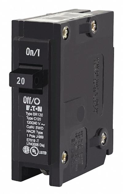 EATON Circuit Breaker: 20 A, 120/240V AC, Single Phase, 10kA at 120/240V AC - BR & BD Series