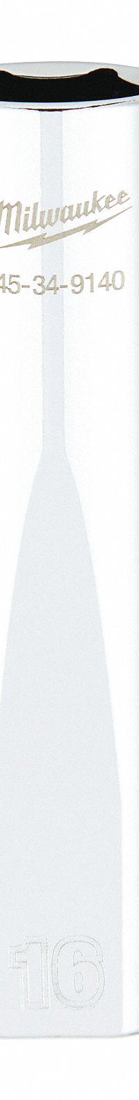 MILWAUKEE Deep Well Socket: Metric, 1/2 in Drive Size, 16 mm Socket Size, 6-Point, Deep, Chrome (MPN 45-34-9140). Key specifications — attr1204417: MILWAUKEE; attr1204392: Chrome.