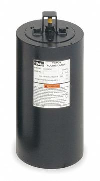 PARKER Piston Accumulator: 578 cu in Fluid Volume, 613 cu in, 818 gpm Max. Flow, 1-7/8-12 (#24) (MPN A6N0578D1KGRG). Key specifications — attr98883: PARKER; attr95466: 32 to 165°F for Water Based Hydraulic Fluids and Water-Glycol.
