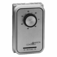 JOHNSON CONTROLS Line Voltage Thermostat,Thermostat: Cool Only, On, 40° to 90°F, Exposed Dial, 1C (MPN T26J-7C). Key specifications — Application: Cool Only; System Settings: On; Switch Type/Action: SPST, Close on Rise; Temperature Control Range: 40° to 90°F; Stages: 1C; Voltage: 24 to 277V AC; Brand: JOHNSON CONTROLS; Control Type: Exposed Dial.