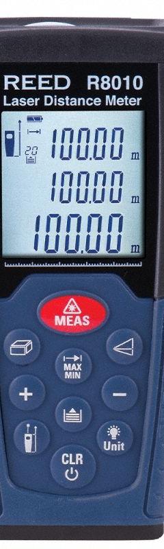 REED INSTRUMENTS Laser Distance Meter: Inch, 1 7/8 in – 328 ft, +/-0.0018 in/ft, AAA, LCD, Red (MPN R8010-NIST). Key specifications — attr938983: Meters; attr938974: Volume Measurement; attr934751: REED INSTRUMENTS; attr938968: +/-0.0018 in/ft; attr938975: Traceable Calibration Certificate with Full Data and Uncertainties; attr938977: Red.