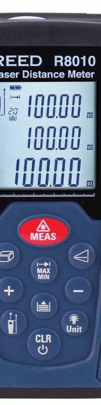 REED INSTRUMENTS Laser Distance Meter: Inch, 1 7/8 in – 328 ft, +/-0.0018 in/ft, AAA, LCD, Red (MPN R8010-NIST). Key specifications — attr938983: Meters; attr938974: Volume Measurement; attr934751: REED INSTRUMENTS; attr938968: +/-0.0018 in/ft; attr938975: Traceable Calibration Certificate with Full Data and Uncertainties; attr938977: Red.