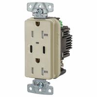 USB Receptacle: Duplex, 5-20R, 2 USB Ports, USB Type A/C, Ivory, 125V AC, 20 A (MPN USB20CPDI). Key specifications — Brand: HUBBELL.