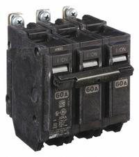 GE Miniature Circuit Breaker: THHQB, 60 A, 120/240V AC, Three Phase, 22kA at 120/240V AC, 3 Poles (MPN THHQB32060). Key specifications — attr195972: 60 A; attr195973: 120/240V AC; attr195974: Three; attr195975: 22kA at 120/240V AC; attr195976: Lighting Panels.