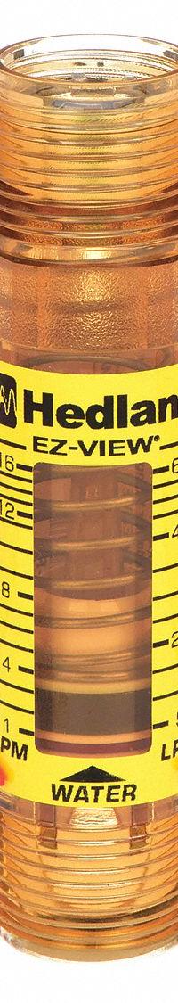 HEDLAND Mechanical Flowmeter: Flow Meter, Scale, Variable Area, Inline, Universal, Gallons/Liters (MPN H621-616-R). Key specifications — Display Type: Scale; O-Ring Material: Buna-N; Includes Flow Rate Adjustment Knob: No; Includes Pressure Guage: No; Mounting Orientation: Universal; Unit Of Measure: Gallons; Brand: HEDLAND; Accuracy: +/-5%.