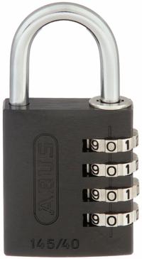 ABUS Combination Padlock: Scrolling Combo, Black, Zinc Die-Cast, Std Shackle, Steel Shackle (MPN 158KC). Key specifications — Dial Color: Silver; Brand: ABUS.