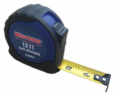 WESTWARD Tape Measure: Nonmagnetic Single Hook Tip, 12 ft, Plastic with Rubberized Grip - Fractional-Read Tape Measures