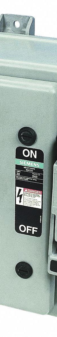 SIEMENS Safety Switch: Fusible, 30 A, Three Phase, 600V AC, Non-Metallic, Indoor/Outdoor (MPN HF361NX). Key specifications — Brand: SIEMENS.
