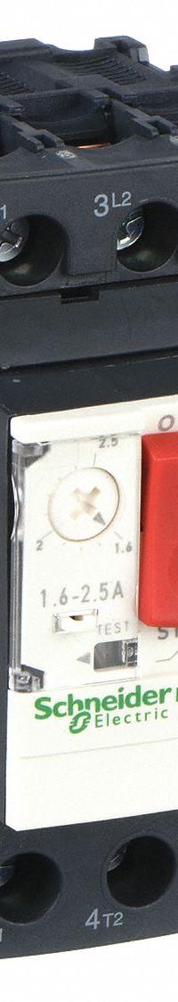 SCHNEIDER Manual Motor Starter: Non-Reversing, 3 Poles, 2.5 A, Thermal Protection, Push Button (MPN GV2ME07). Key specifications — Maximum Voltage Rating: 690V AC; Brand: SCHNEIDER; Thermal Units Required: None (Starter Includes Integrated Thermal Units); Frame Size (Width): 45mm.